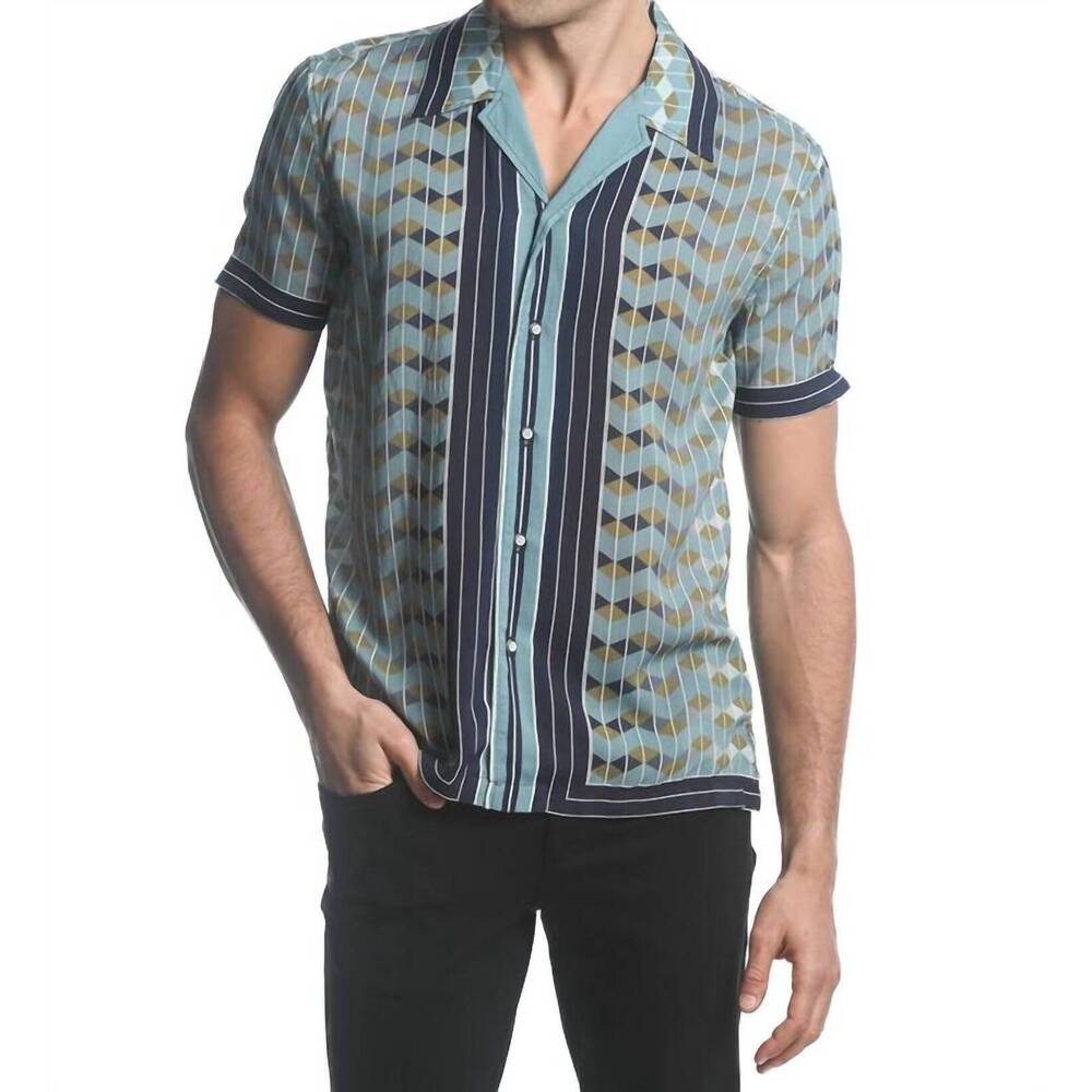 NEW POSTMARC chevron short sleeve border shirt in navy/ khaki